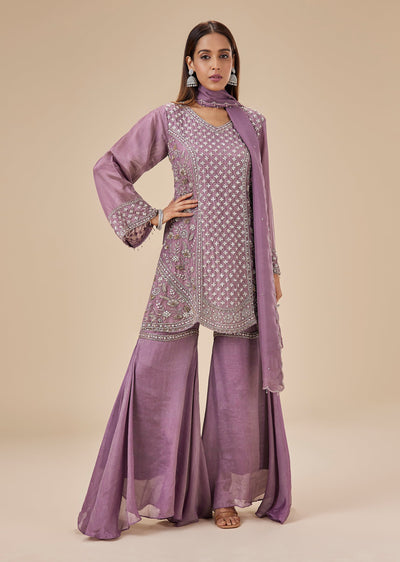 Mauve Tissue Silk Cut Dana Sharara Suit Set
