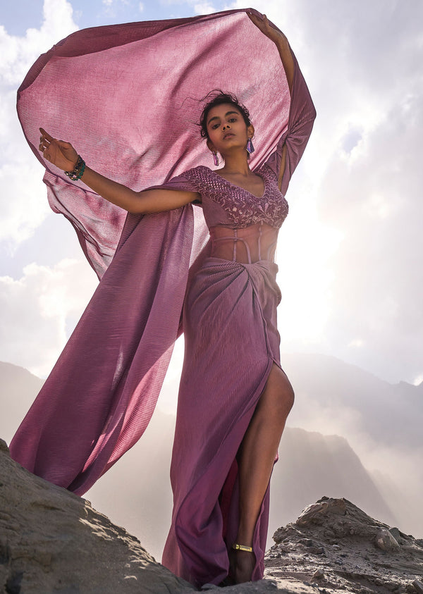 Mauve Embroidered Pre Pleated Drape Gown With Trail On Shoulder