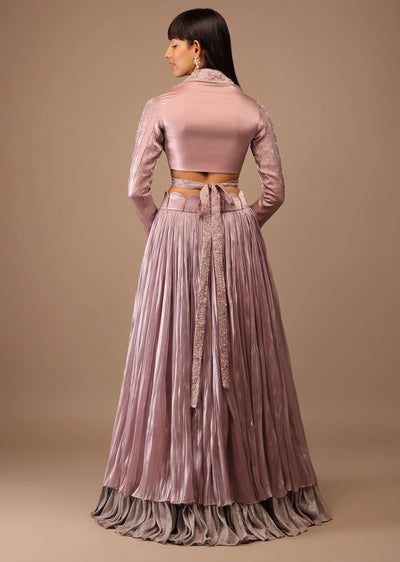 mauve hand embroidered tie me up crop top paired with two toned layered skirt 1
