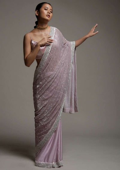 mauve pink half and half saree in crepe with crushed sequins pallu and unstitched blouse online - kalki fashion 3 1
