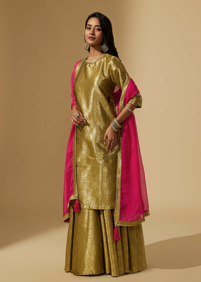 Mehendi Green Brocade Palazzo Suit Set With Pink Contrasting Dupatta
