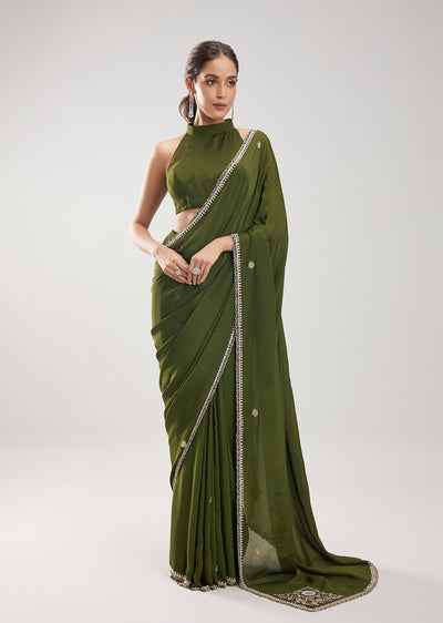 Mehendi Green Chinon Saree With Cut Dana Embellished Border