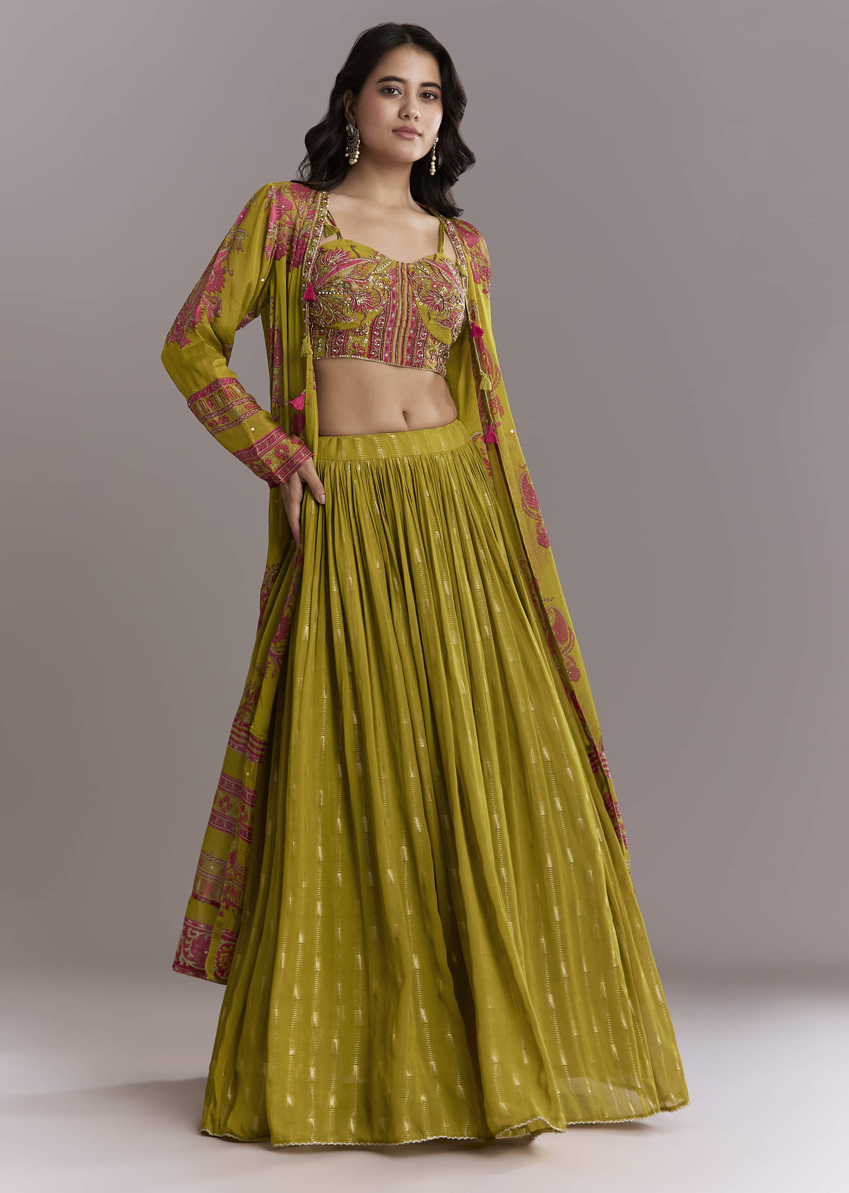 Mehendi Green Georgette Crop Top And Printed Skirt Set With Embroidery