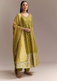 Mehendi Green Jacquard Anarkali Suit With Woven Brocade Dupatta