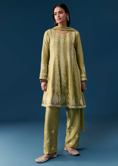 Mehendi Green Pastel Pakistani Style Peplum Anarkali Suit With Thread Work