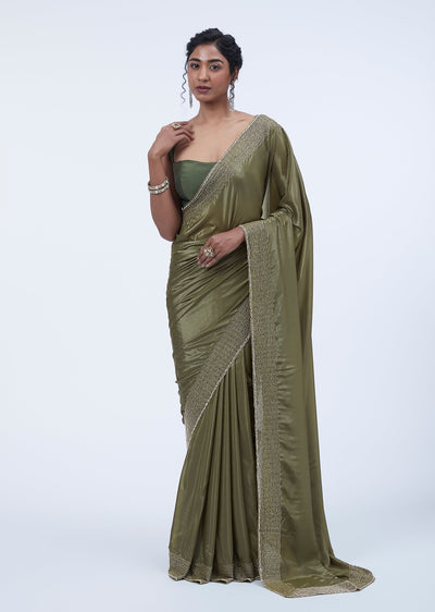 Mehendi Green Plain Silk Saree With Embellished Border And Unstitched Blouse