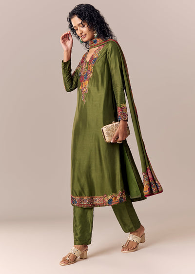 Mehendi Green Printed Kurta Pant Set With Dupatta