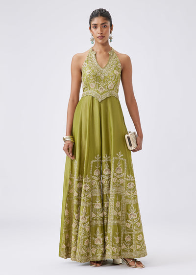 Mehendi Green Tissue Sequin Embroidered Jumpsuit