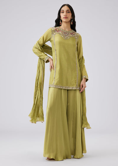 Mehendi Green Zardosi Patch Work Palazzo Suit Set