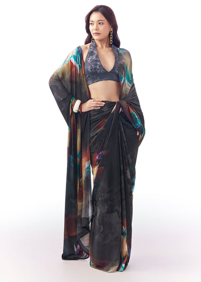 Midnight Blue Georgette Saree With Multicolour Floral Print