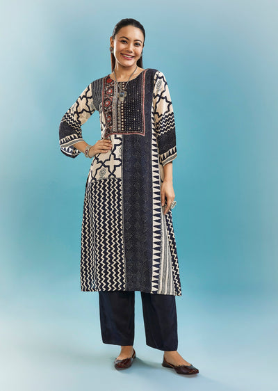 Midnight Blue Printed Kurta Set With Zari And Sequins Work