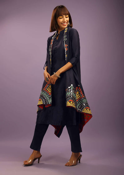 midnight blue a line suit in cotton with multi colored patch-k1237921ay-sg76661 2