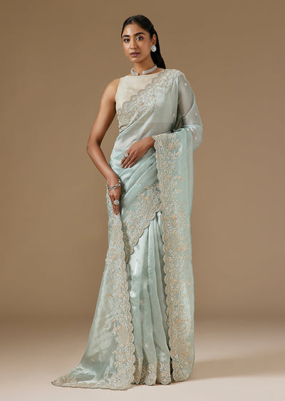 Mint Blue Tissue Saree With Cut Dana And Sequin Embroidered Border