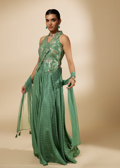 Mint Green Embroidered Halter Neck Crop Top And Palazzo Set With Dupatta