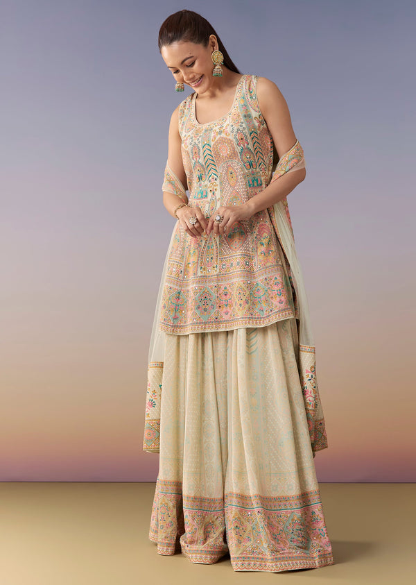 Mint Green Floral Embellished Palazzo Set With Dupatta