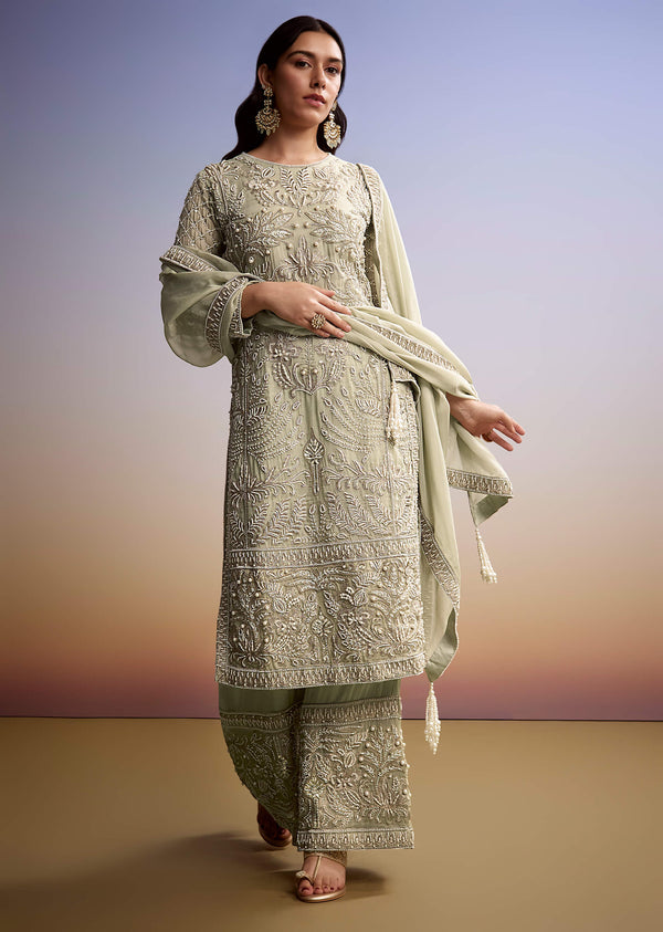 Mint Green Organza Palazzo Suit With Zari And Moti Work