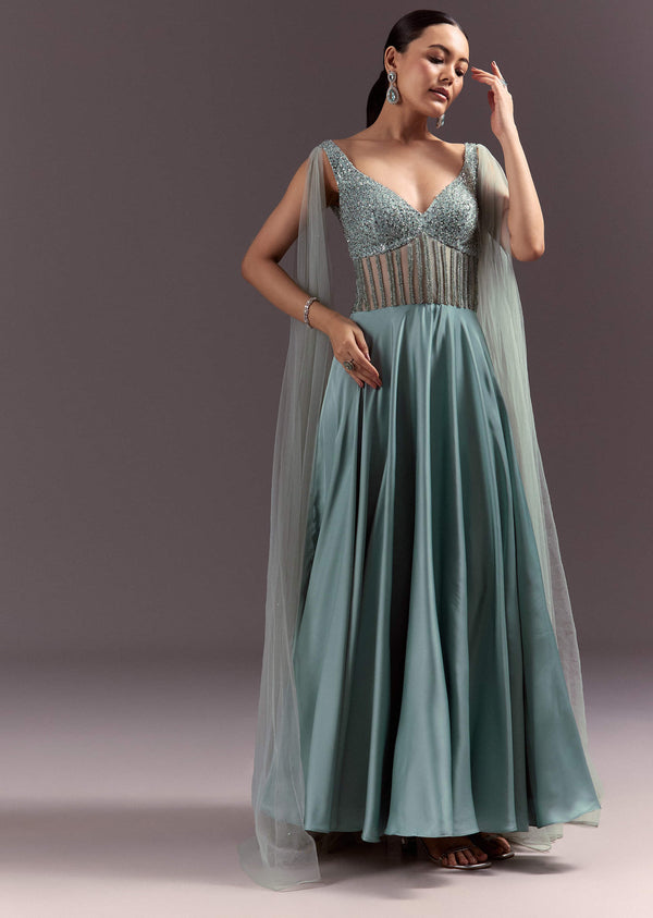 Buy Mint Green Satin Gown With Corset Style Embroidered Bodice | KALKI Fashion India Buy Mint Green Satin Gown With Corset Style Embroidered Bodice | KALKI Fashion India