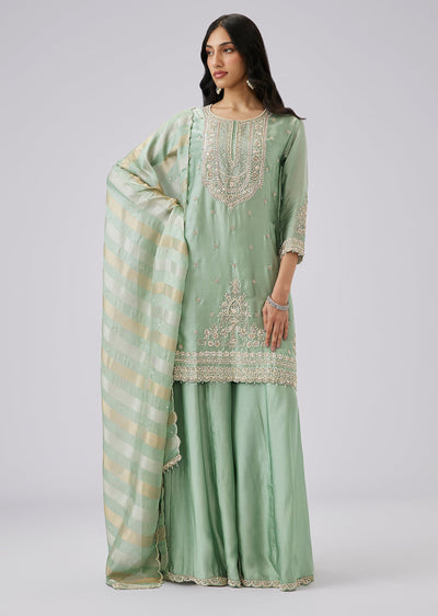 Mint Green Satin Palazzo Suit Set With Cut Dana Embroidery