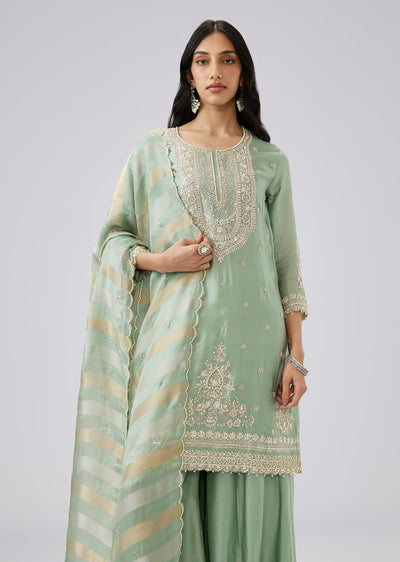Mint Green Satin Palazzo Suit Set With Cut Dana Embroidery