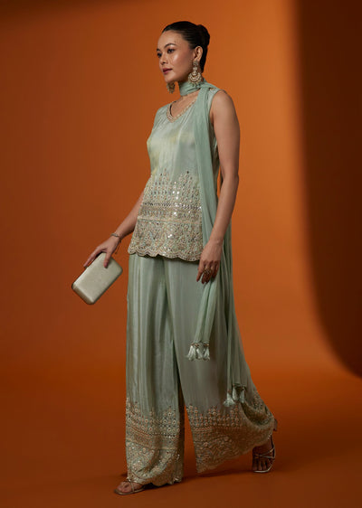Mint Green Tissue Palazzo Suit Set With Zari And Sequin Embroidery