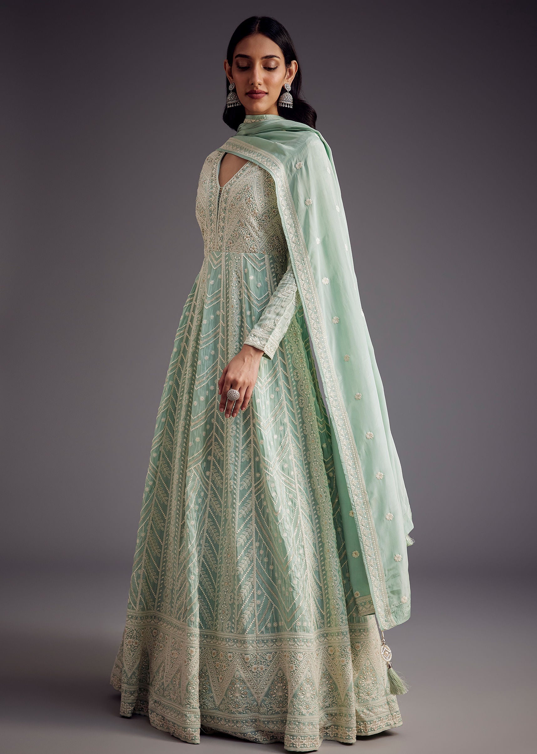 Mint Blue Lucknowi Work Anarkali With Matching Dupatta
