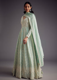 Mint Blue Lucknowi Work Anarkali With Matching Dupatta