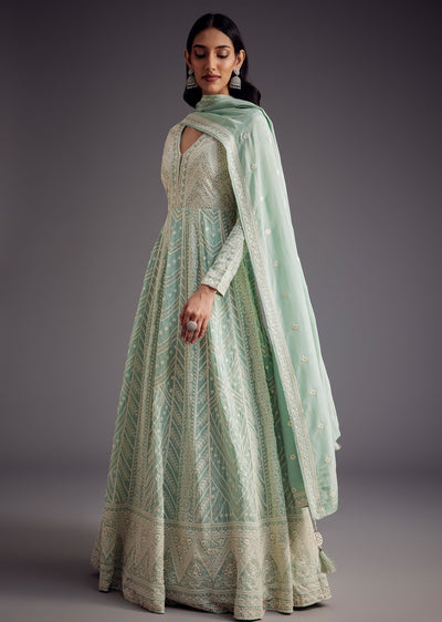 Mint Blue Lucknowi Work Anarkali With Matching Dupatta