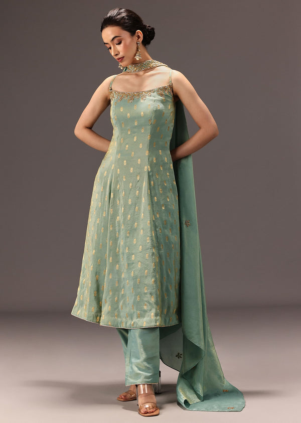 Mint Green Tissue Hand Embroidered Kurta Set