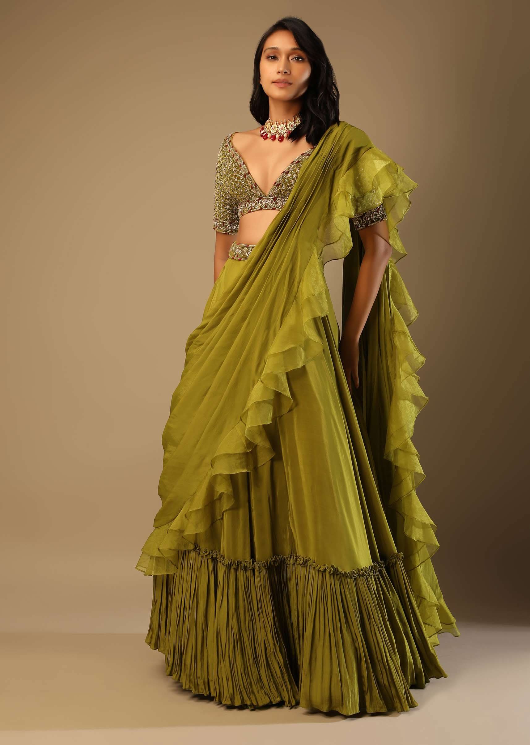 moss green lehenga saree in crepe-sg81196 2
