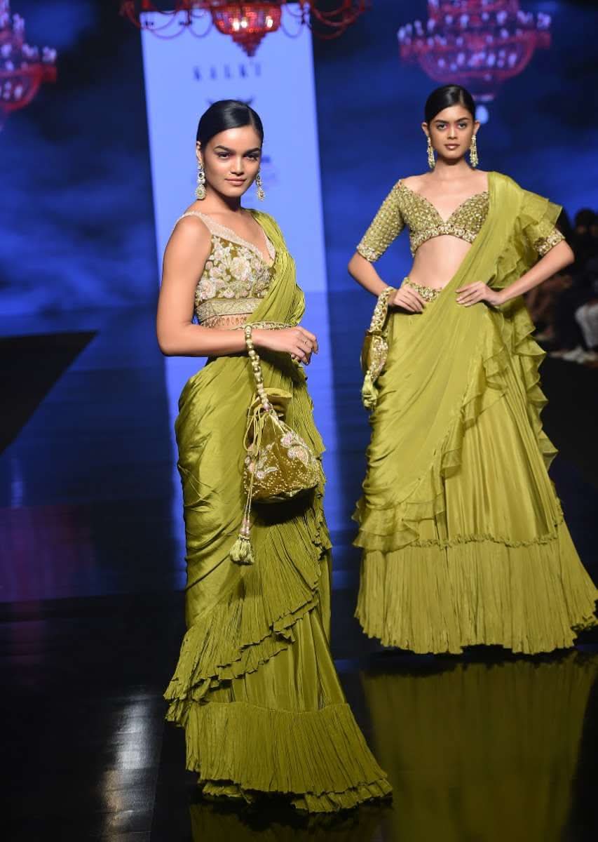 Buy Moss Green Readymade Ruffle Saree In Crepe With Multi Colored Hand ...