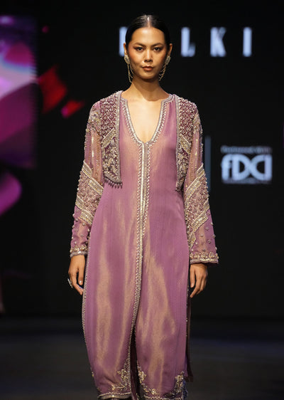 Mauve Straight Kurta With Embroidered Jacket And Bell Bottom Pants