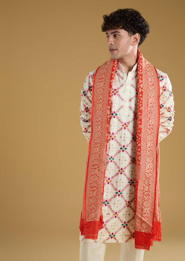 Multi Colored Silk Kurta Set With Thread Detail Work