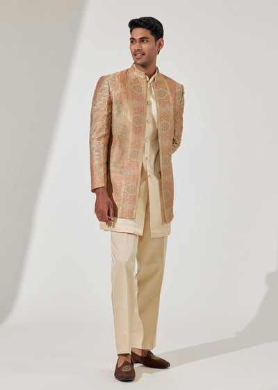 Multicolor Pashmina Silk Indo Western Set With Weave Detailing