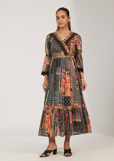 Multicolored Printed Mulmul Cotton A Line Dress With Lace Detailing And Belt
