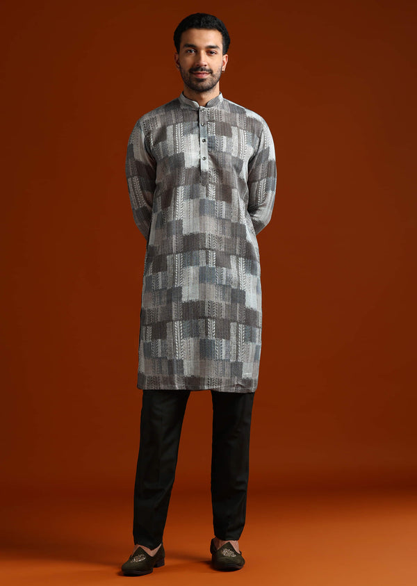Multicolour Kurta Set For Men With Heavy Kantha Work
