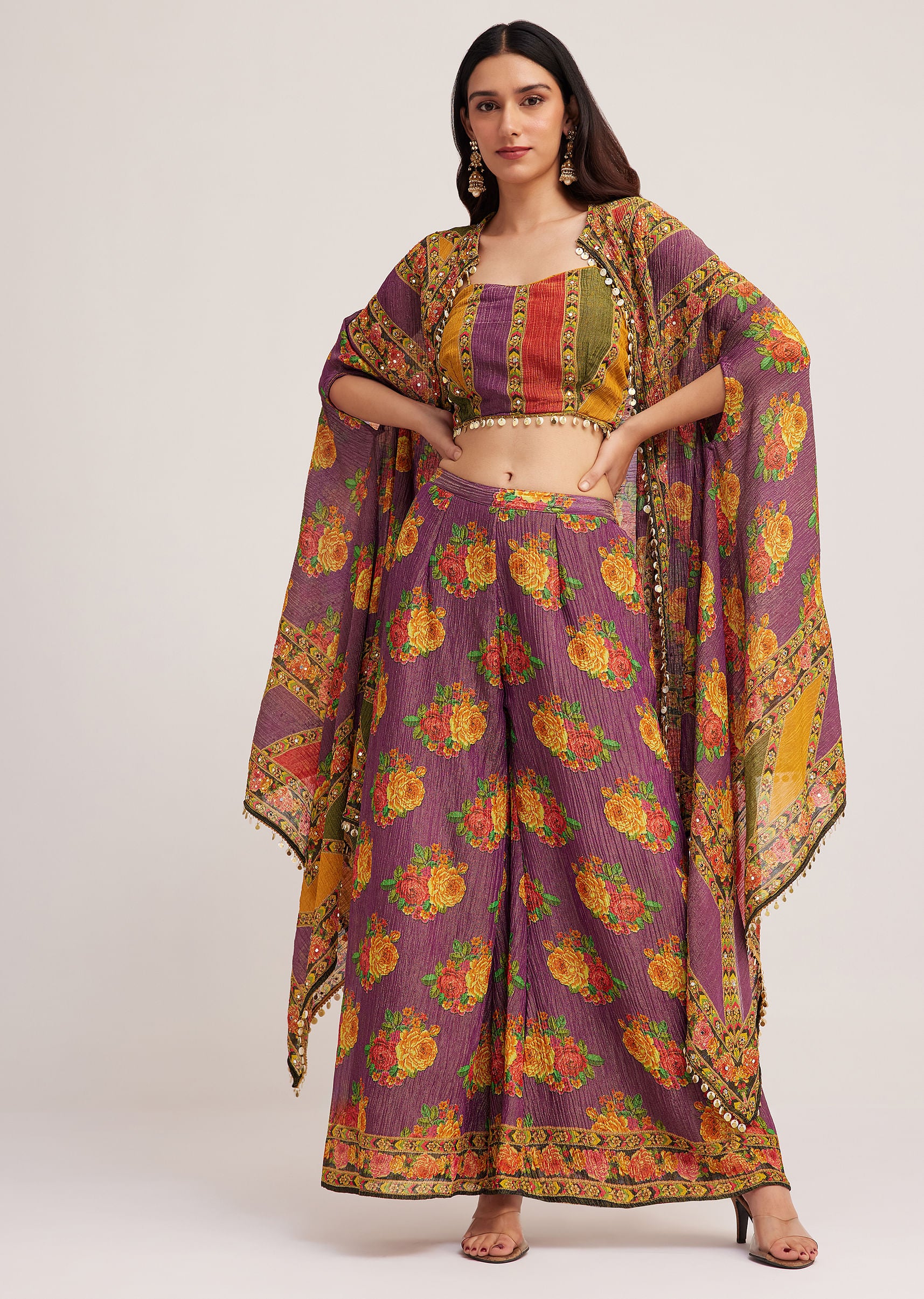 Multicolour Printed Crop Top Palazzo And Cape Set
