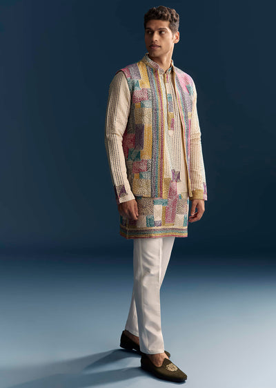 multicolour silk kurta jacket set for men with intricate thread-sg327527-1-nosto 8