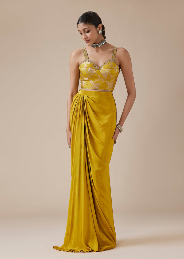 Mustard Pure Banarasi Brocade Corset Drape Skirt Set