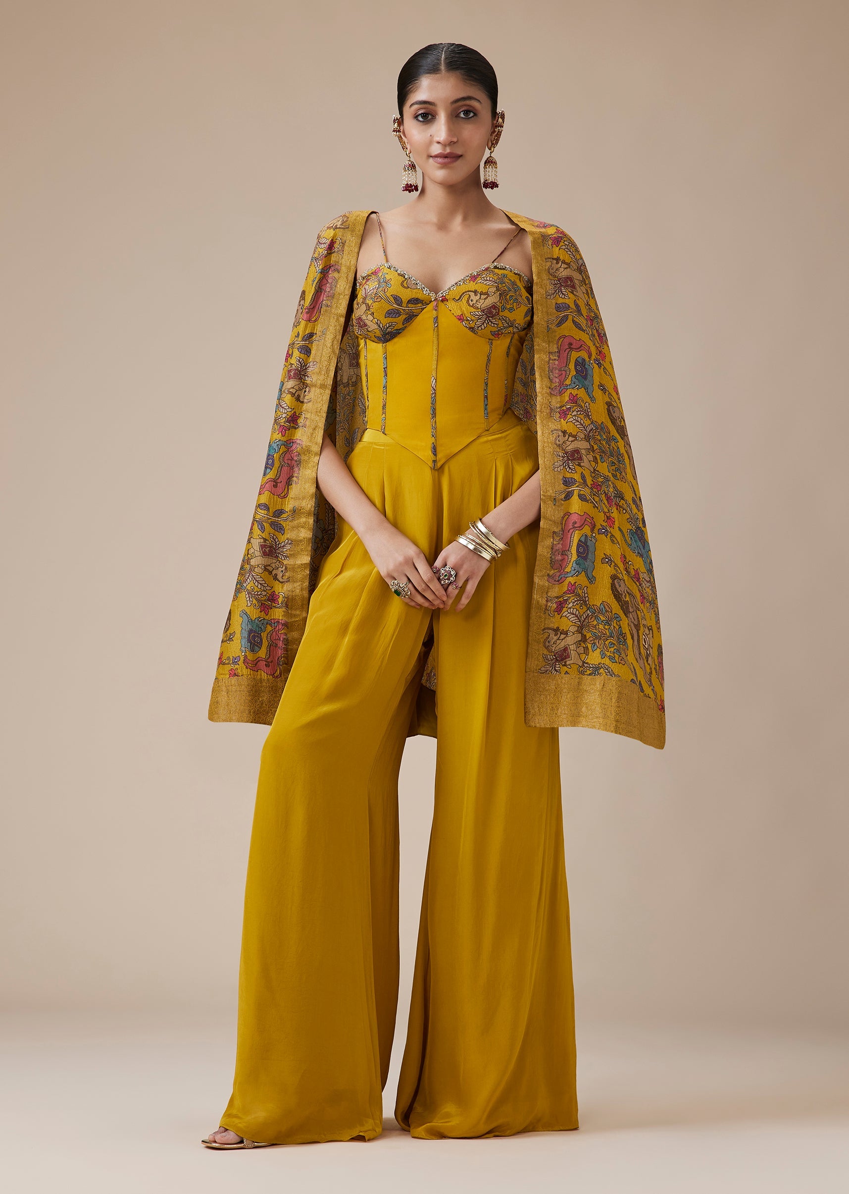 Mustard Banarasi Crop Top With Pant And Printed Cape