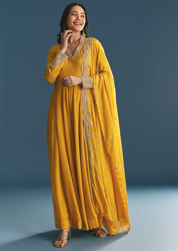 Mustard Chinon Anarkali Suit With Zardosi Work Dupatta