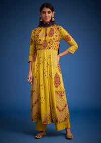 Mustard Linen Silk Floral Embroidered Anarkali Set