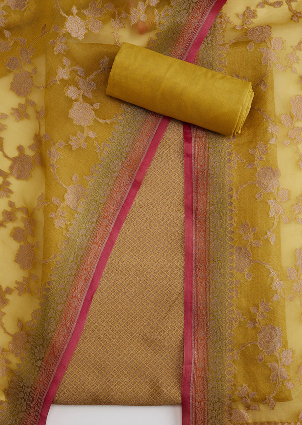 Mustard Yellow Banarasi Silk Unstitched Suit Set With Dupatta