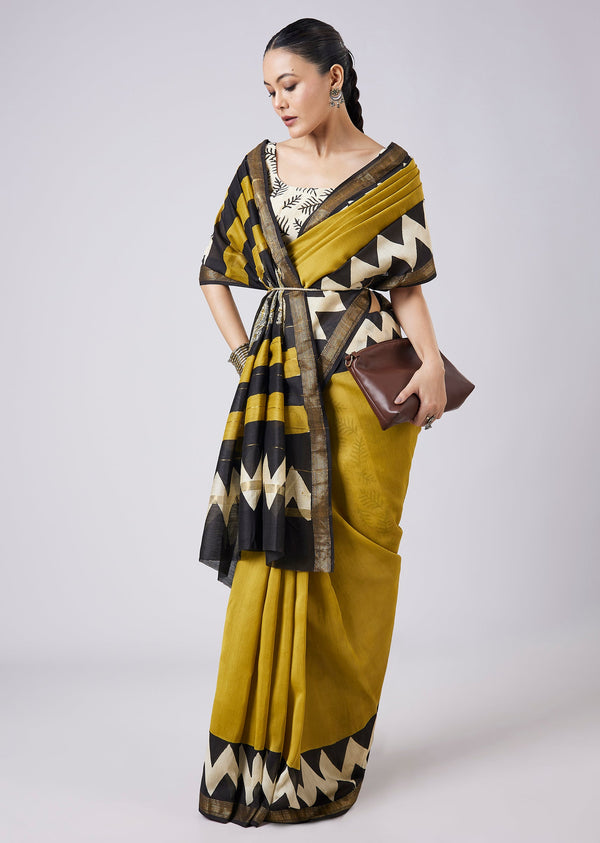 Mustard Yellow Block Printed Saree with Unstitched Blouse
