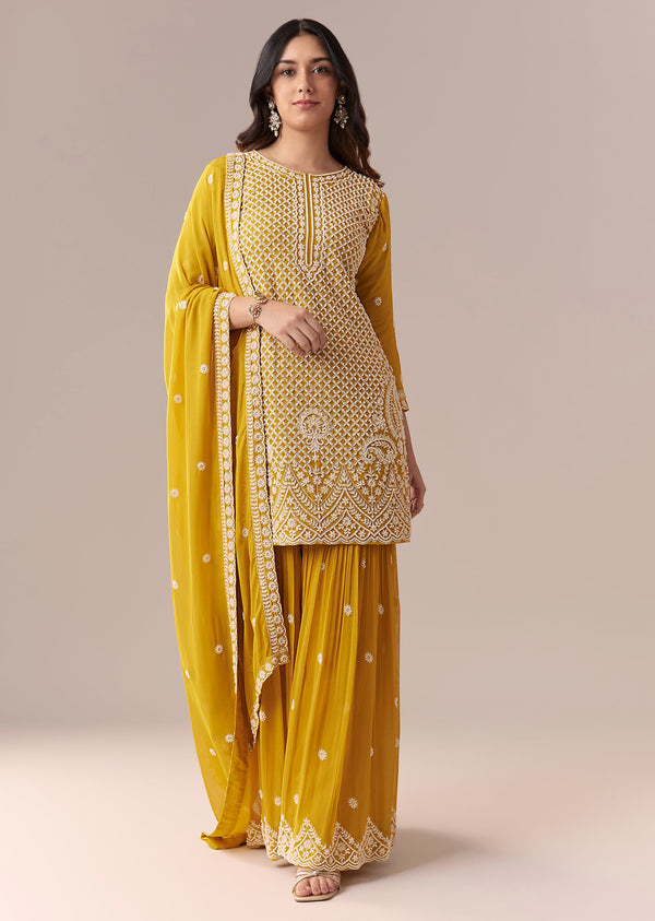 Mustard Yellow Embellished Sharara Suit Set With Dupatta