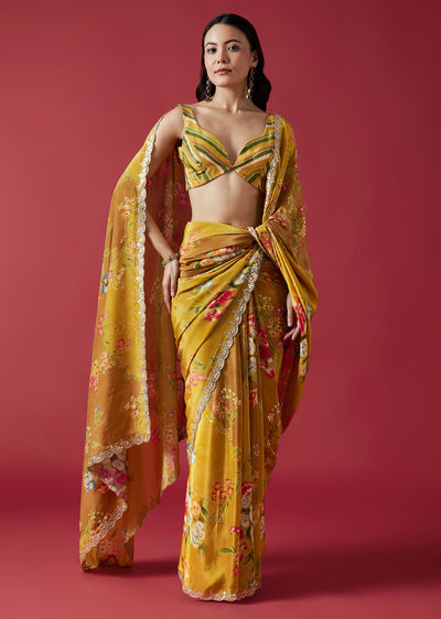 Mustard Yellow Floral Printed Saree With Mirror And Gotta Border