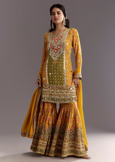 Mustard Yellow Patola Printed Kurta Sharara Suit With Organza Dupatta
