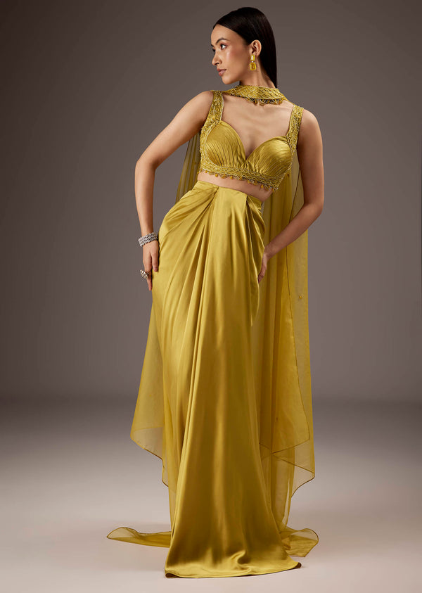 Mustard Yellow Satin Crop Top Skirt With Heavy Embroidery