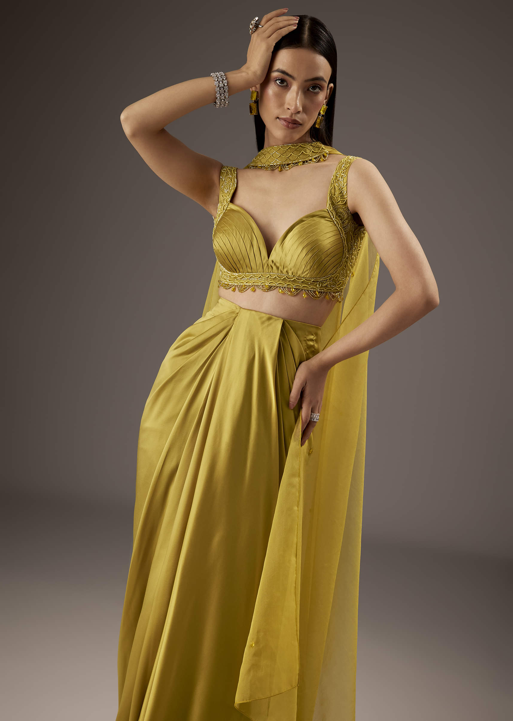 Buy Mustard Yellow Satin Crop Top Skirt With Heavy Embroidery