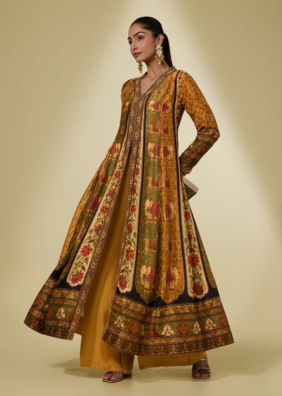 Mustard Yellow Silk Printed A Line Kurta Pant Set With Open Slit