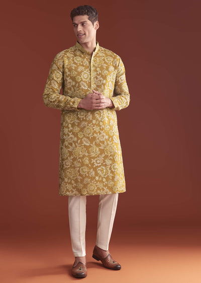 mustard-yellow-silk-kurta-set-for-men-with-floral-resham-work-sg356826-1